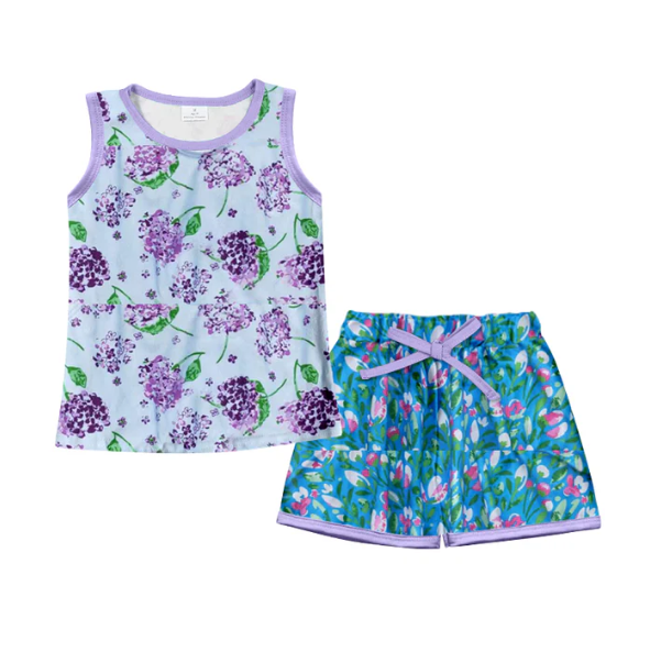 (Custom Design Preorder MOQ 5) Flowers Purple Shorts Girls Summer Clothes Set