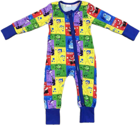 (Custom Design Preorder MOQ 20)  Cartoon Figure Inside Out Plaid Print Baby Girls Bamboo Fall Sleeper Zipper Romper