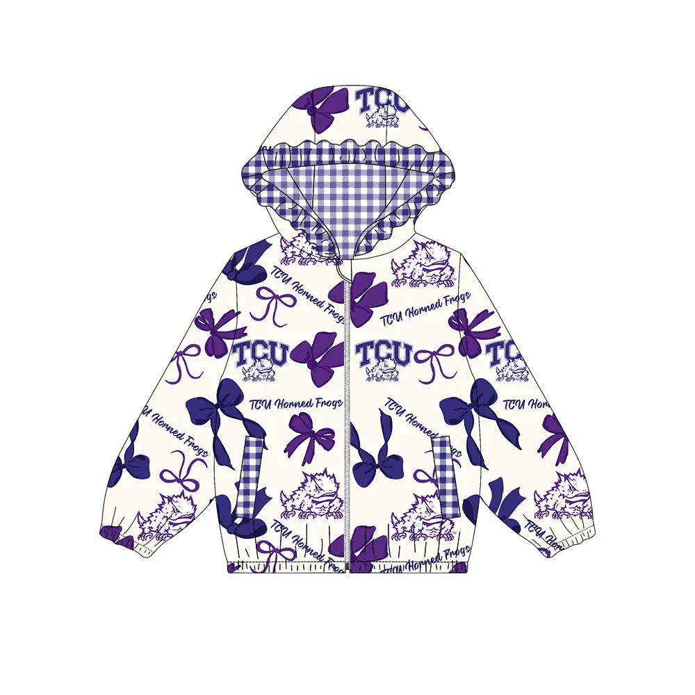 (Custom Design Preorder MOQ 5) Team's TCU Bows Print Pockets Girls Long Sleeve Zipper Jackets Top