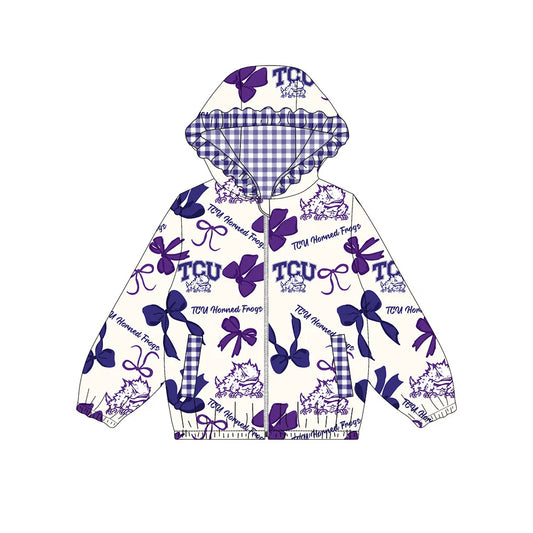 (Custom Design Preorder MOQ 5) Team's TCU Bows Print Pockets Girls Long Sleeve Zipper Jackets Top