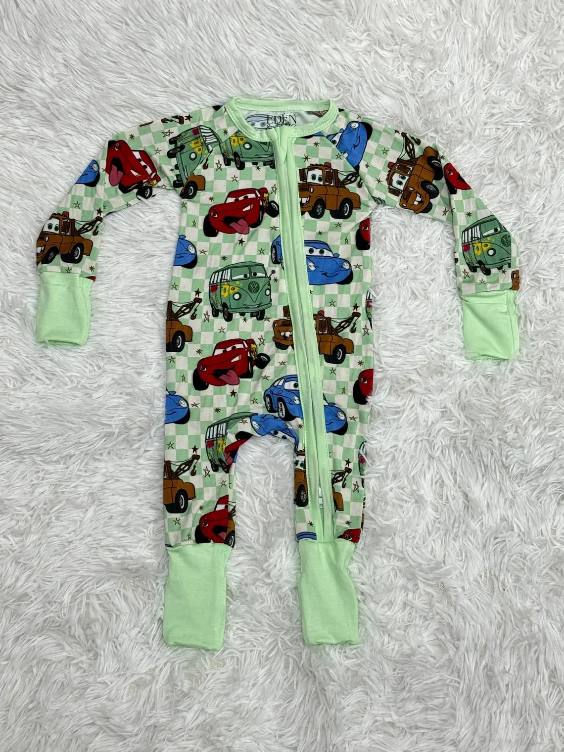 (Custom Design Preorder MOQ 5) Cartoon Cars Plaid Print Baby Long Sleeve Sleeper Zipper Romper