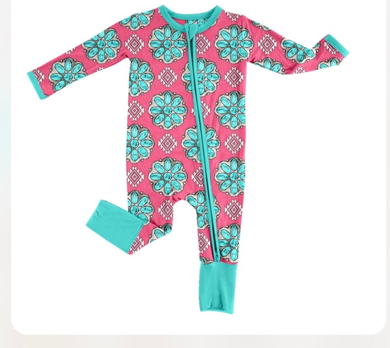 (Custom Design Preorder MOQ 5) Turquoise Pink Aztec Print Baby Girls Sleeper Zipper Romper