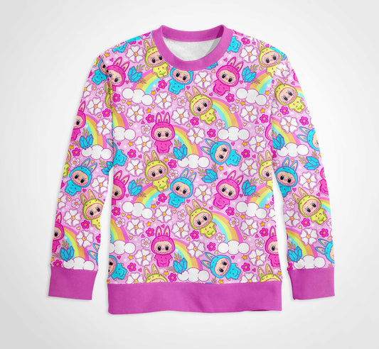 (Custom Design Preorder MOQ 5) Cartoon Labub* Rainbow Print Girls Long Sleeve Tee Shirts Top