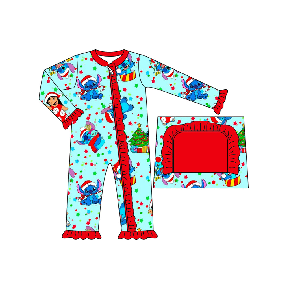 (Custom Design Preorder MOQ 20) Cartoon Blue Animals Print Baby Girls Bamboo Christmas Sleeper Zipper Romper