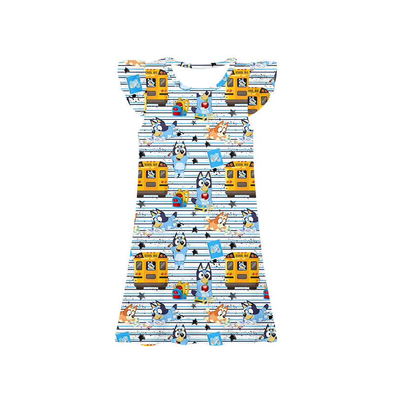 11.23(Custom Design Preorder MOQ 5) Cartoon Dog Bus Print Girls Flutter Sleeve Back to School Knee Length Dress
