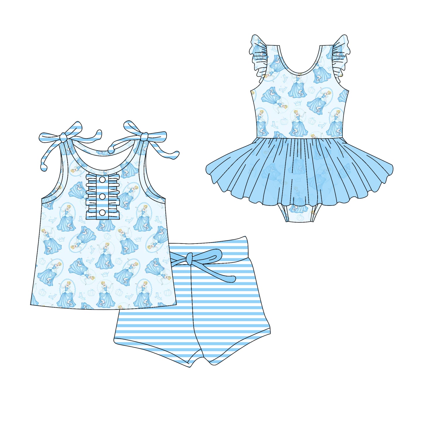 3.10(Custom Design Preorder MOQ 5 Each Design) Cartoon Princess Blue Print Girls Summer Matching Clothes Sisters Wear