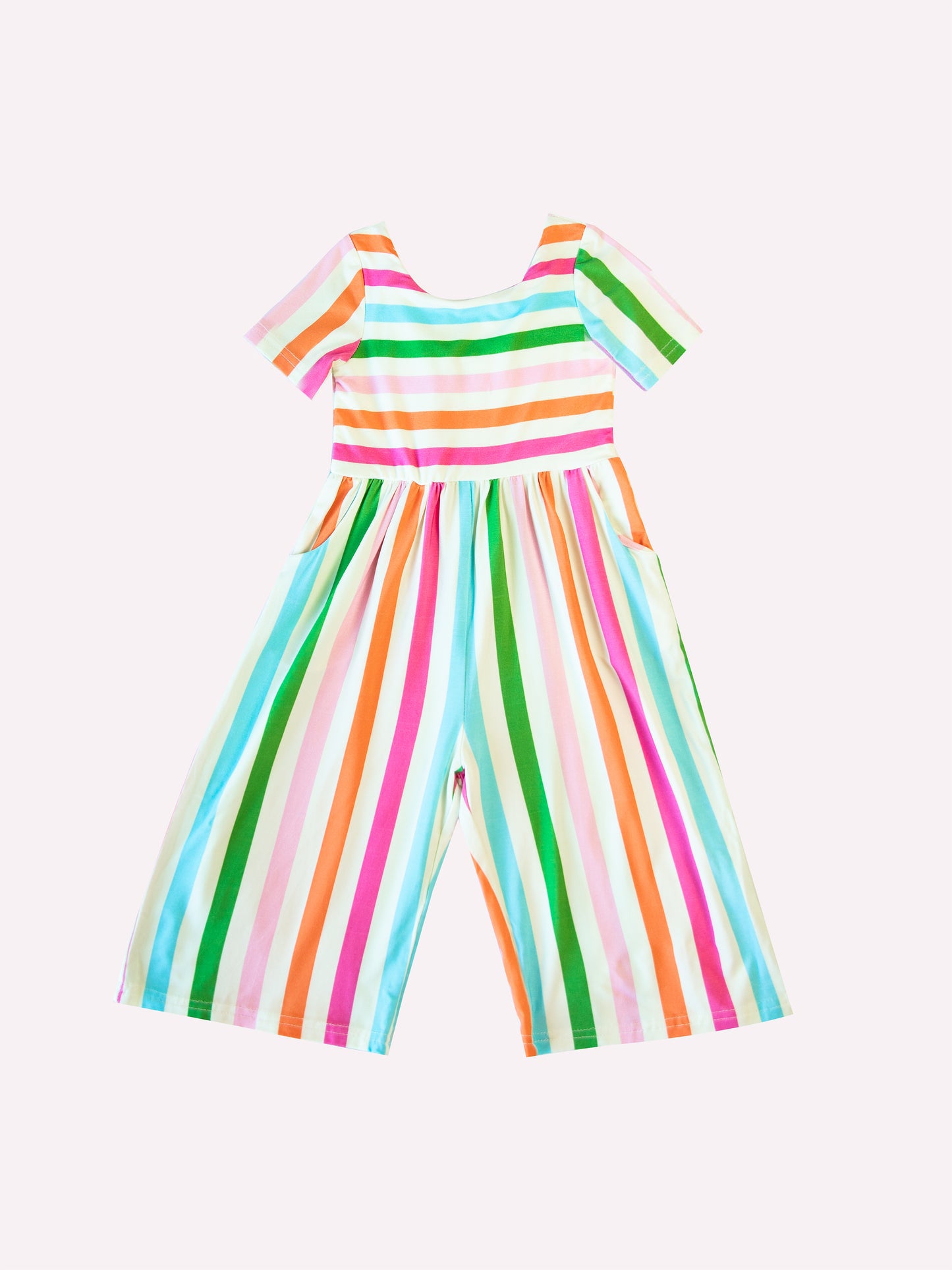 (Custom Design Preorder MOQ 5) Colorful Stripes Print Pockets Girls Swoop Back Short Sleeve Leggy Jumpsuits