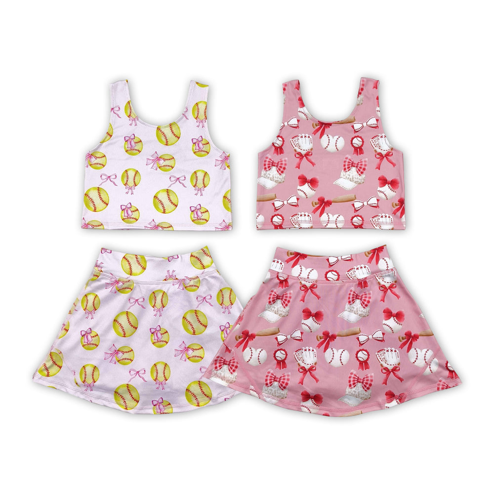 2 Colors Baseball Bows Tank Top Shorts Skirts Girls Summer Yoga Clothes Set Sisters Wear