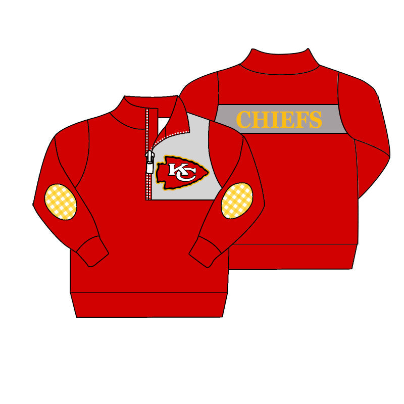(Custom Design Preorder MOQ 5) Team's KC CHIEF Red Print Boys Long Sleeve Zipper Pullover Shirts