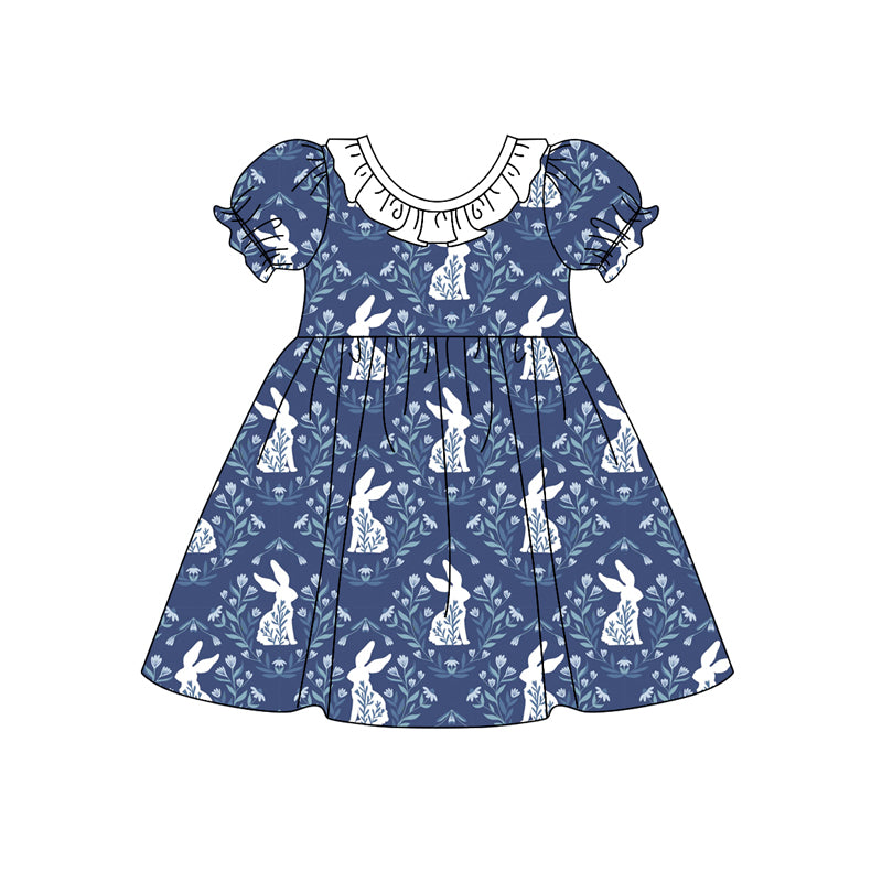 (Custom Design Preorder MOQ 5) Bunny Flowers Navy Print Girls Easter Knee Length Dress