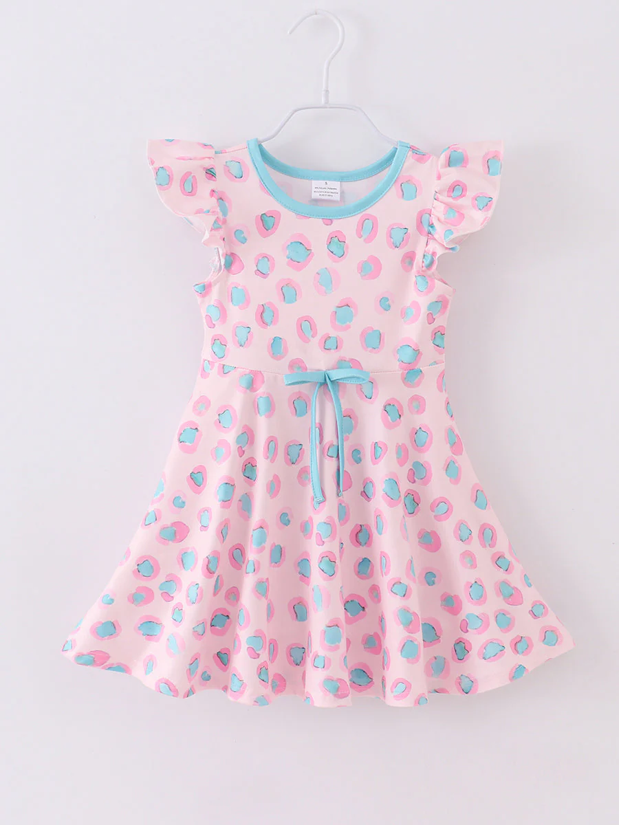 (Custom Design Preorder MOQ 5) Pink Blue Leopard Print Girls Knee Length Summer Dress