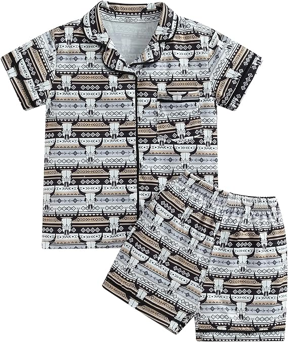 (Custom Design Preorder MOQ 5) Highland Cow Skull Print Boys Summer Pajamas Clothes Set