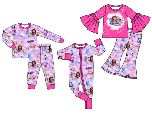 8.1(Custom Design Preorder MOQ 5 Each Design) Cartoon Cats Print Girls Fall Matching Clothes Sisters Wear