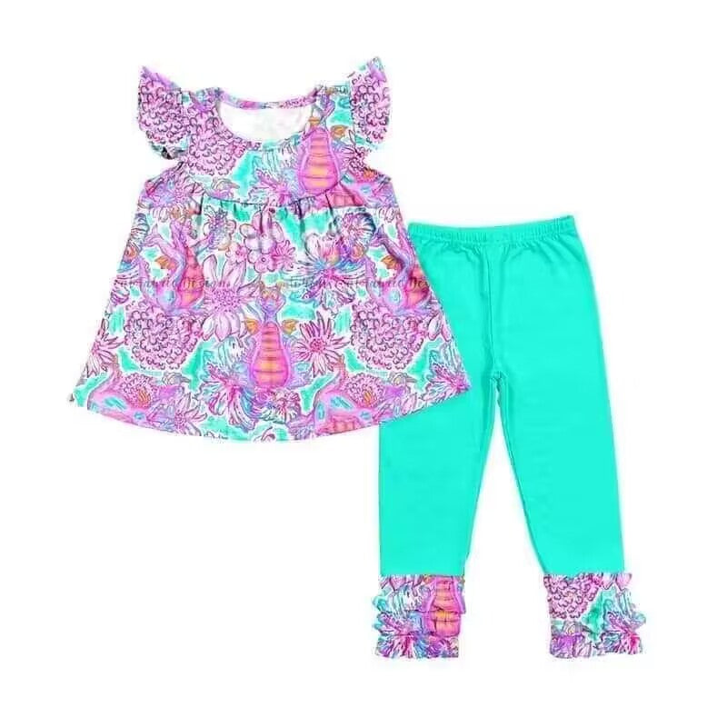 (Custom Design Preorder MOQ 5) Hotpink Dino Flowers Top Aqua Legging Pants Girls Clothes Set