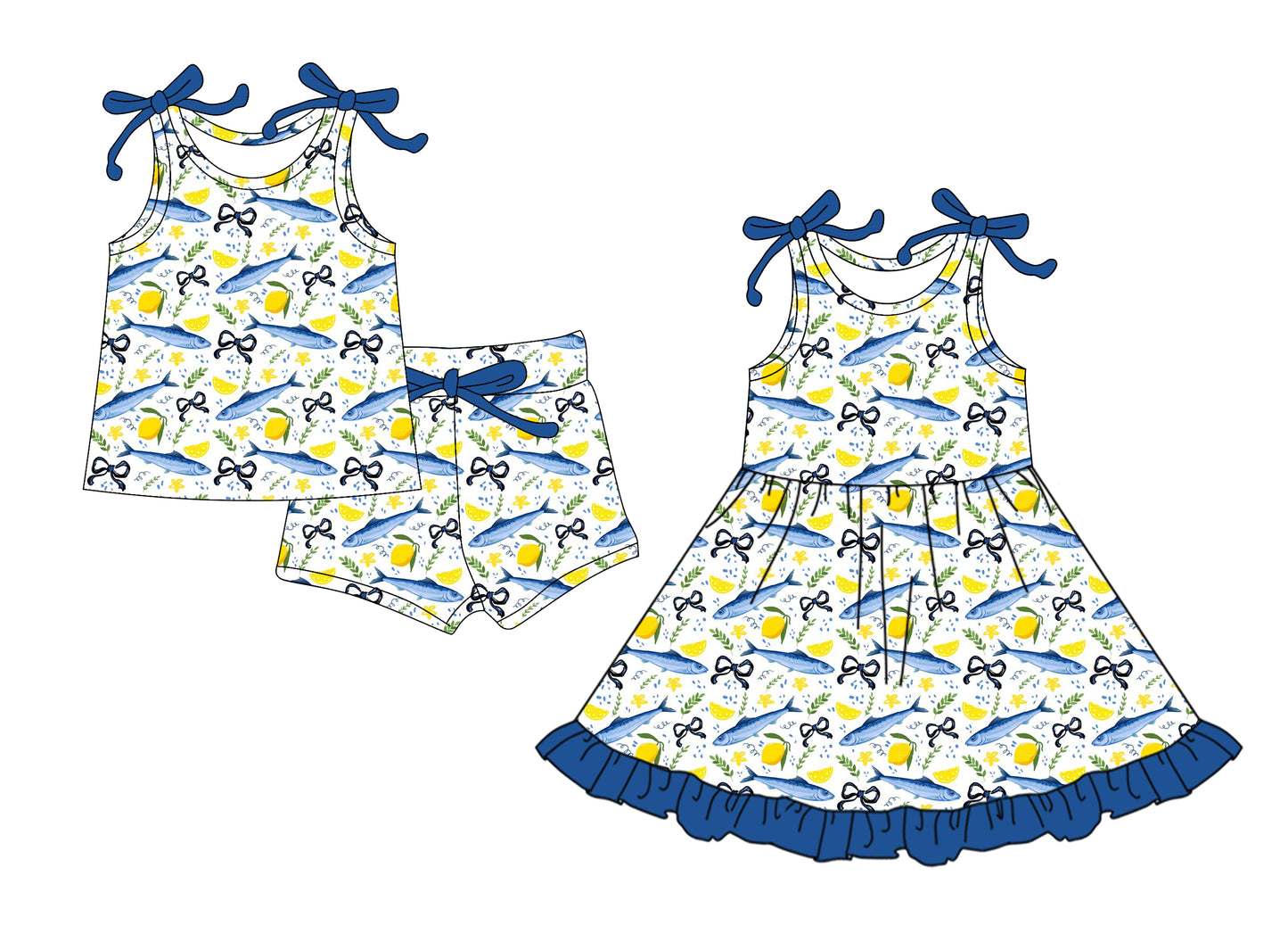 12.23 (Custom Design Preorder MOQ 5 Each Design) Fish Lemon Bows Print Girls Summer Matching Clothes Sisters Wear