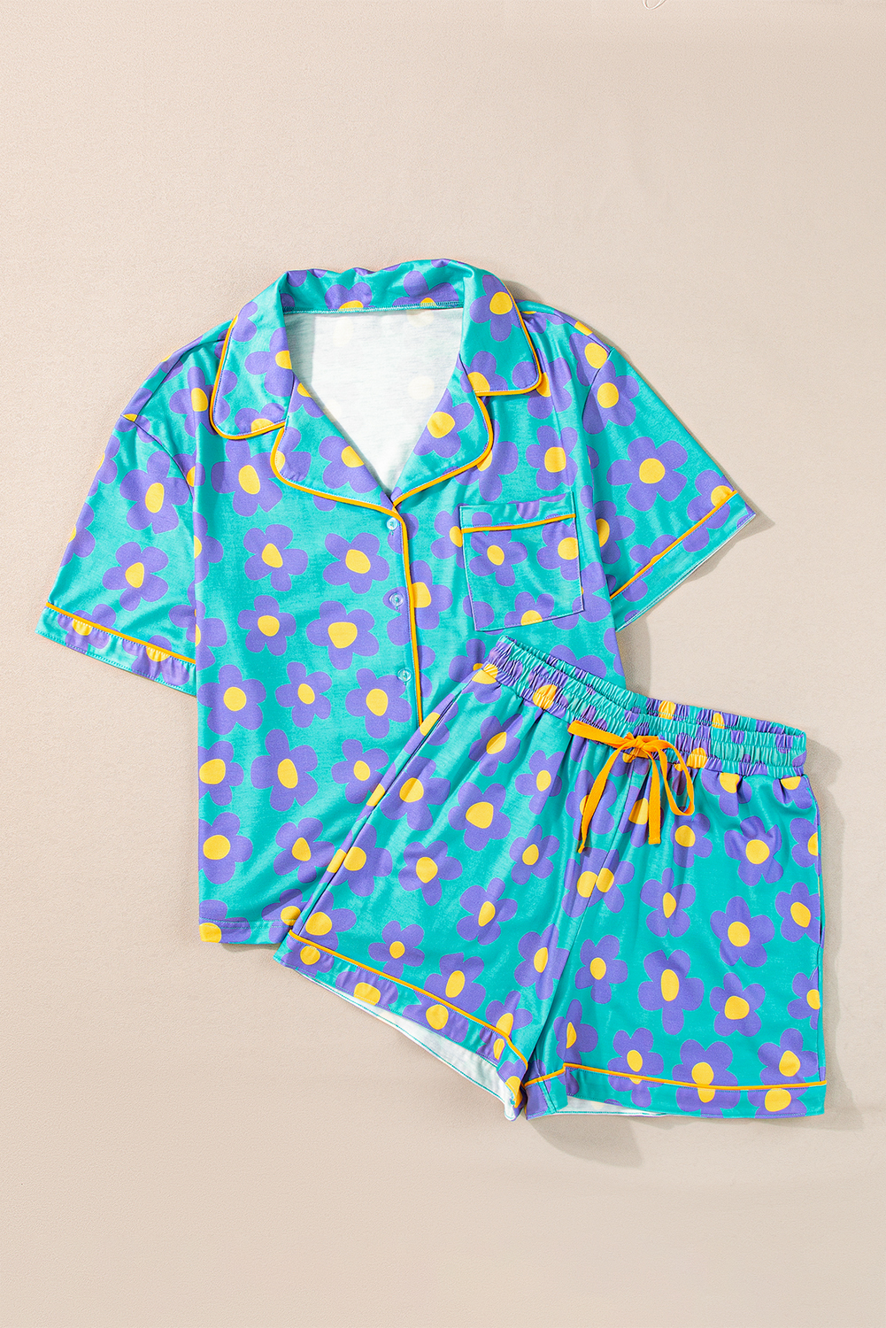 (Custom Design Preorder MOQ 5) Adult Blue Flowers Print Woman Buttons Summer Pajamas Clothes Set
