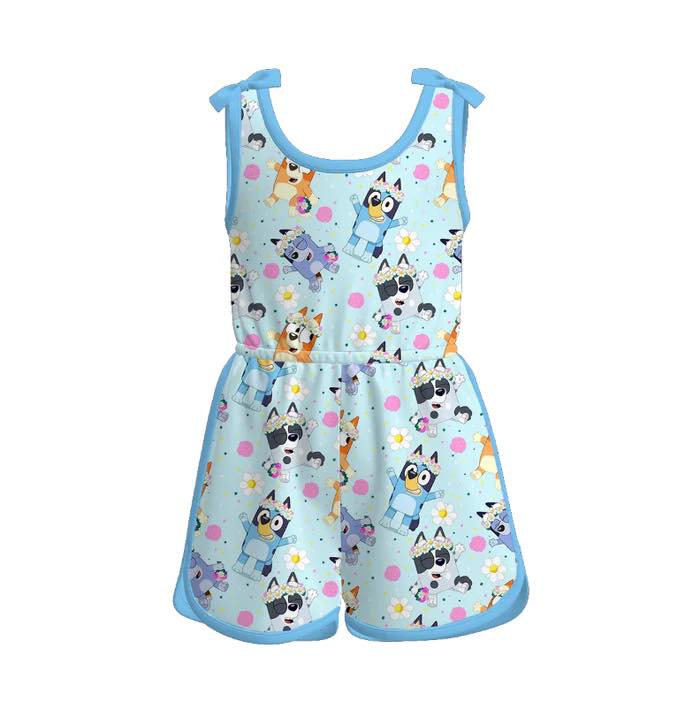 (Custom Design Preorder MOQ 5) Cartoon Dog Flowers Print Girls Summer Jumpsuits