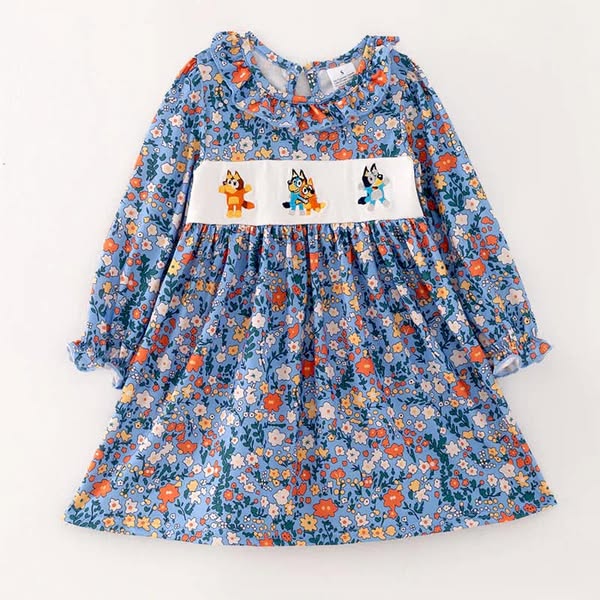 (Custom Design Preorder MOQ 5) Cartoon Dog Flowers Print Girls Knee Length Dress