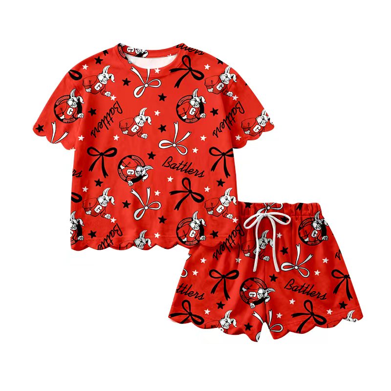 (Custom Design Preorder MOQ 5) Teams Battlers Bows Print Girls Summer Scallop Clothes Set