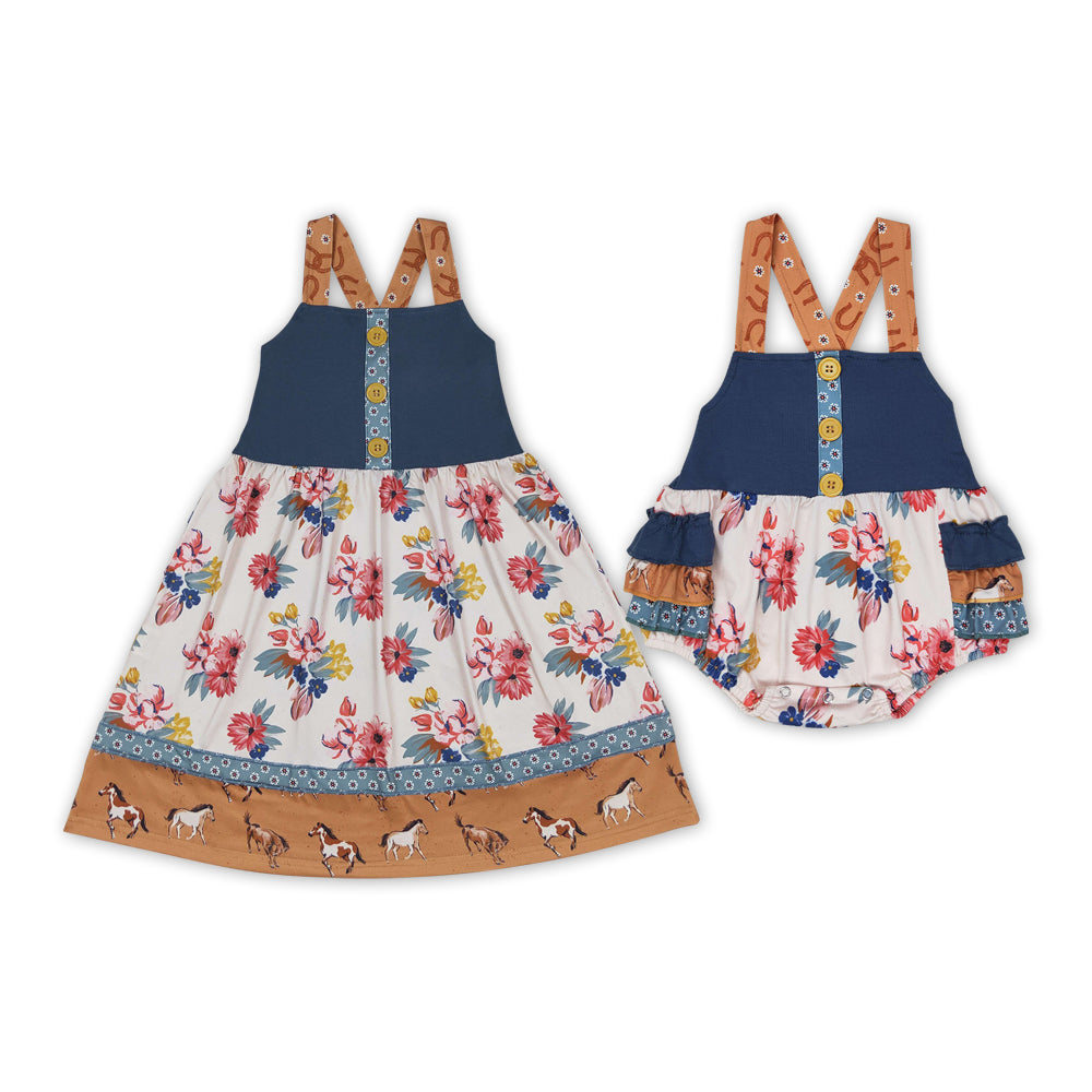Brown Flowers Horse Print Sisters Summer Western Matching Clothes