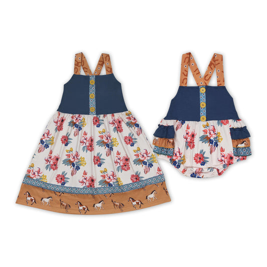 Brown Flowers Horse Print Sisters Summer Western Matching Clothes