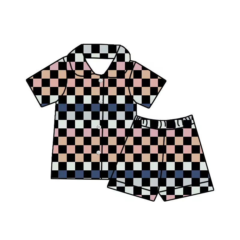 (Custom Design Preorder MOQ 5) Plaid Print Kids Summer Pajamas Clothes Set