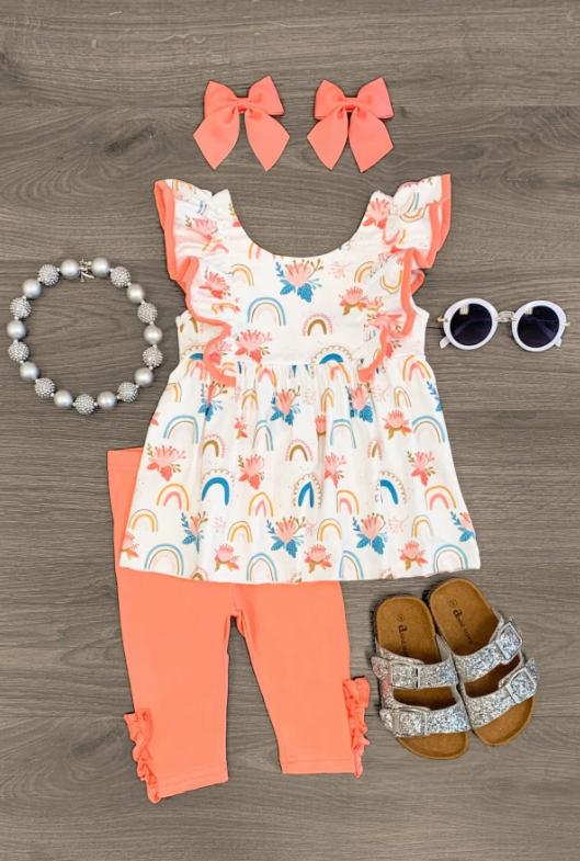 (Custom Design Preorder MOQ 5) Rainbow Flowers Tunic Top Capri Girls Summer Clothes Set