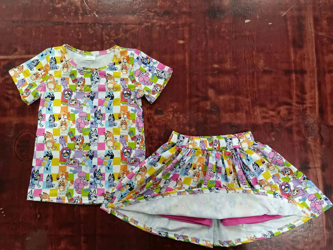 (Custom Design Preorder MOQ 5) Cartoon Dog Colorful Plaid Print Shorts Skirts Girls Summer Clothes Set