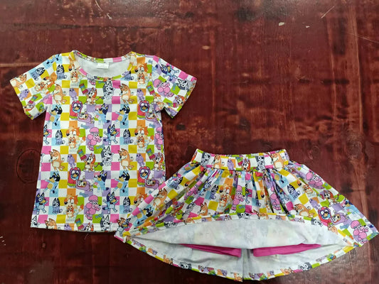 (Custom Design Preorder MOQ 5) Cartoon Dog Colorful Plaid Print Shorts Skirts Girls Summer Clothes Set