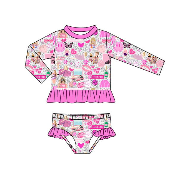 (Custom Design Preorder MOQ 5) Pink Singer Swiftie Print Girls 2 Pieces Long Sleeve Swimsuits
