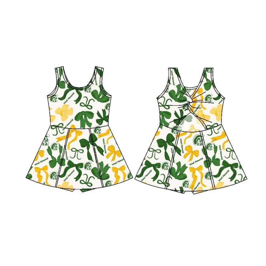 (Custom Design Preorder MOQ 5) Team's Wood Memorial Yellow Green Bows Print Shorts Skirts Girls Summer Yoga Dress