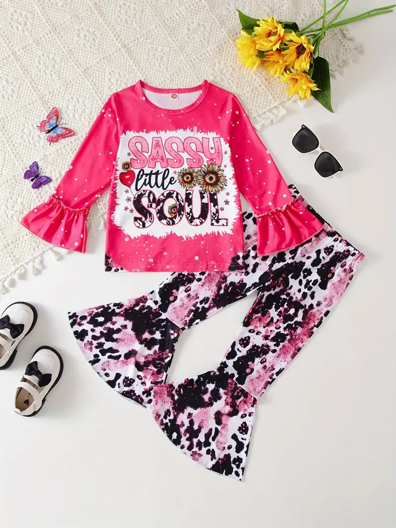 (Custom Design Preorder MOQ 5) Sassy Little Soul Print Girls Western Pink Clothes Set