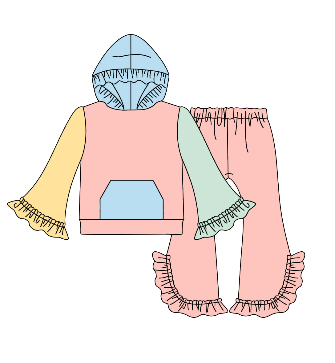 12.5(Custom Design Preorder MOQ 5) Pink Color Girls Hoodie Ruffle Clothes Set