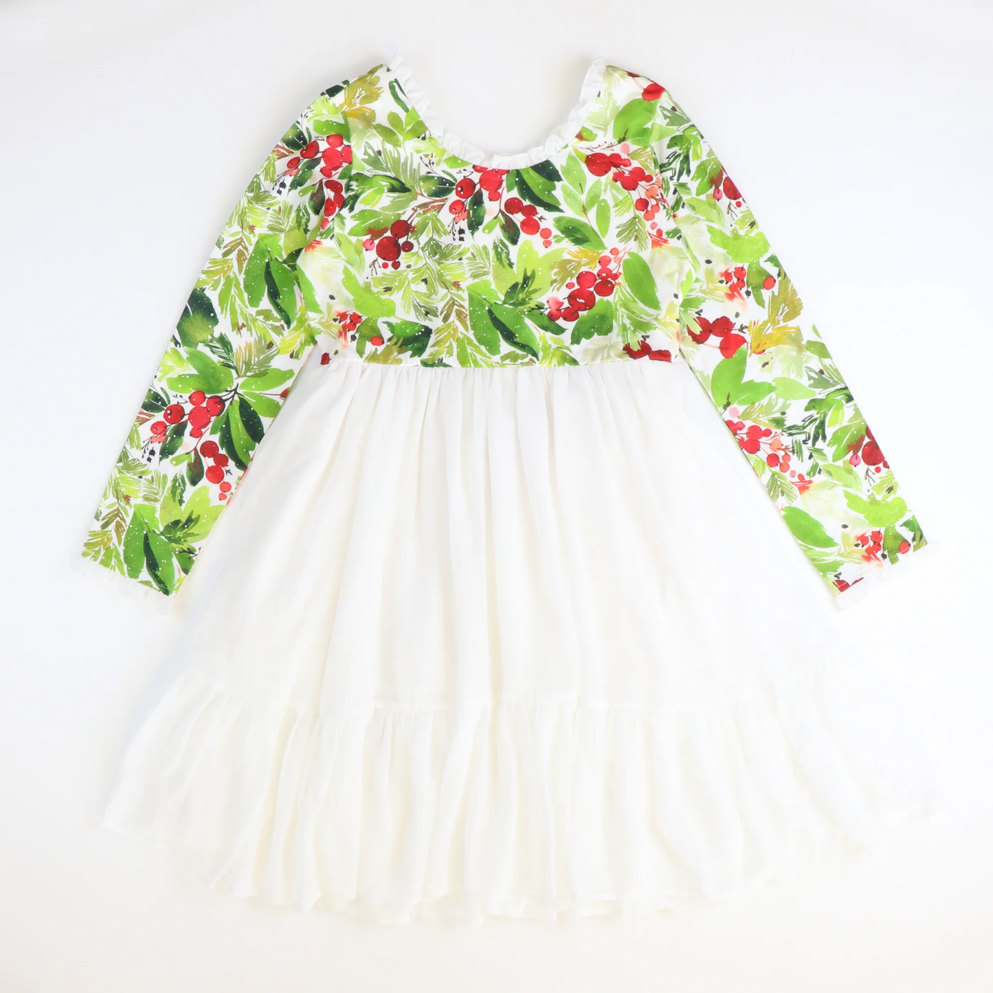 (Custom Design Preorder MOQ 5) Green Red Holly Print Girls Knee Length Christmas Tulle Dress