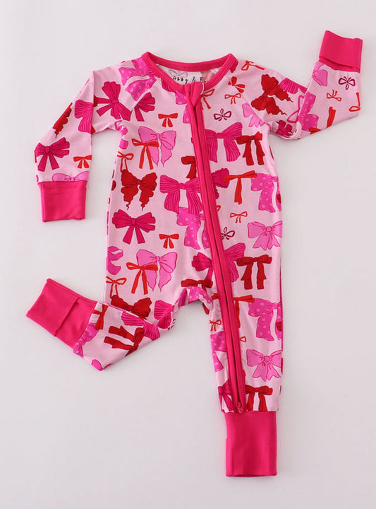 (Custom Design Preorder MOQ 5) Hot Pink Bows Print Baby Girls Fall Sleeper Zipper Romper