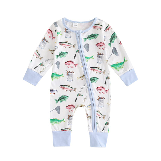 (Custom Design Preorder MOQ 20)  Fishing White Print Baby Bamboo Fall Sleeper Zipper Romper