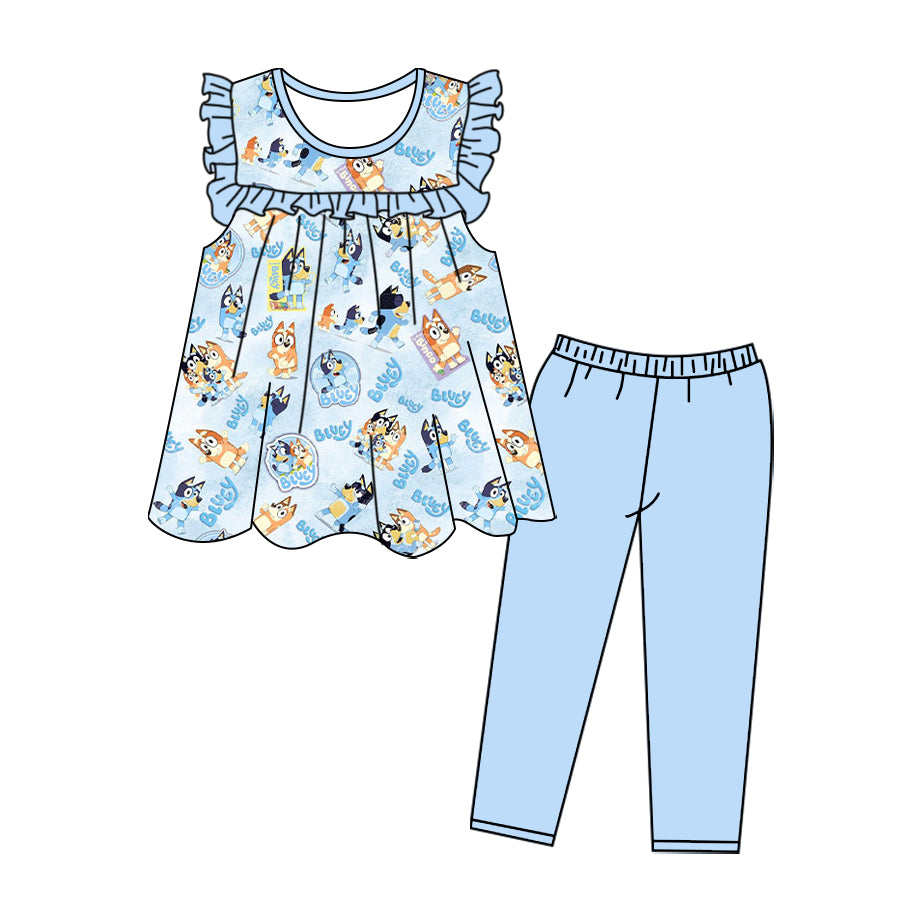 (Custom Design Preorder MOQ 5 ) Cartoon Dog Tunic Top Blue Pants Girls Clothes Set