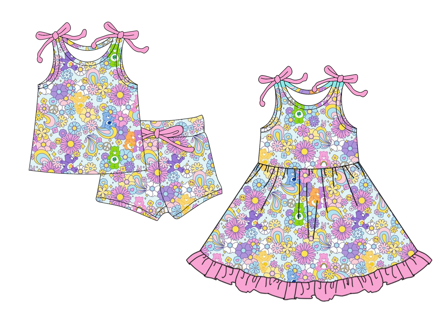4.14(Custom Design Preorder MOQ 5 Each Design) Cartoon Bear Colorful Flowers Print Girls Summer Matching Clothes Sisters Wear