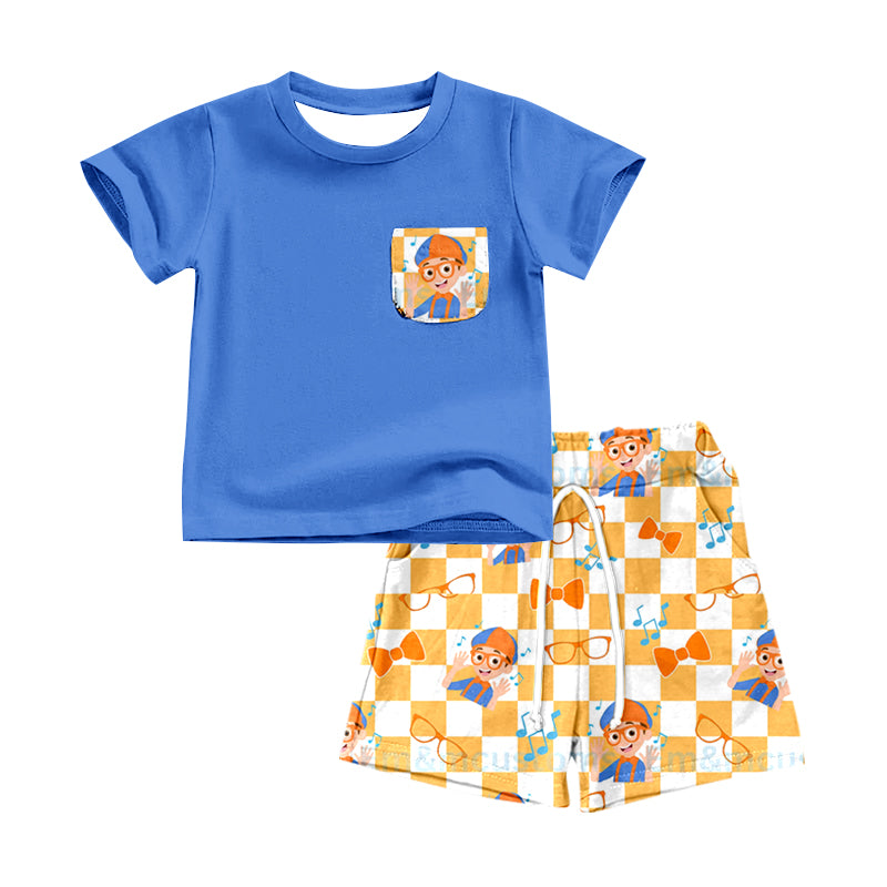 (Custom Design Preorder MOQ 5) Blue Pocket Top Cartoon Teacher Shorts Boys Summer Clothes Set