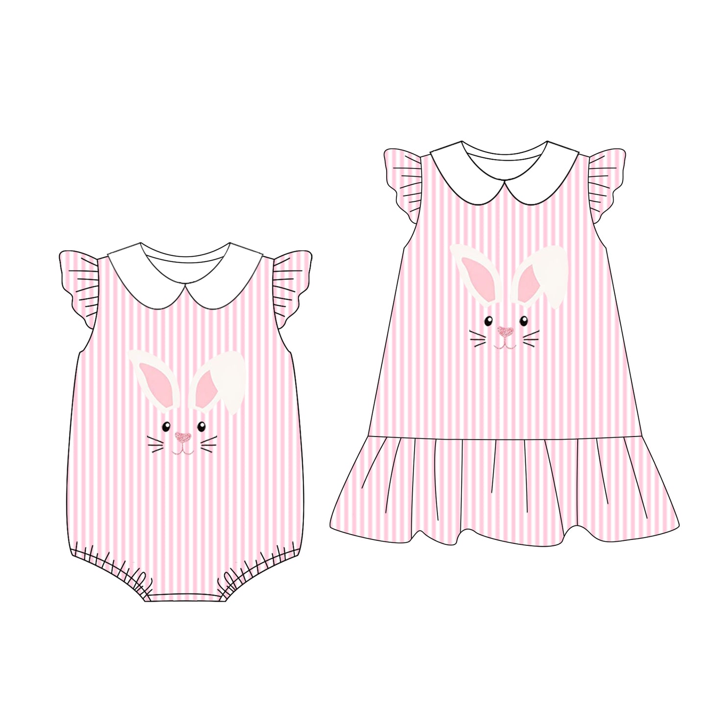12.22 (Custom Design Preorder MOQ 5 Each Design) Bunny Pink Stripes Print Girls Easter Matching Clothes Sisters Wear