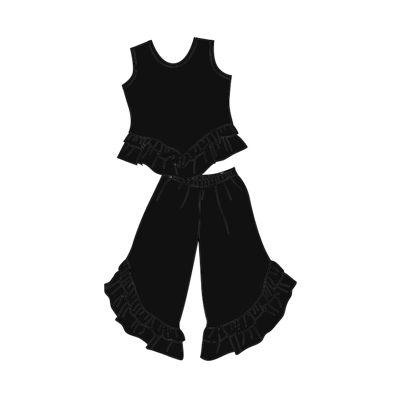 (Custom Design Preorder MOQ 5) Black Sleeveless Top Ruffles Pants Girls Clothes Set