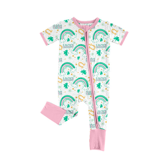 (Custom Design Preorder MOQ 20)  Lucky Rainbow Stars Print Baby Girls St. Patrick's Day Bamboo Sleeper Zipper Romper