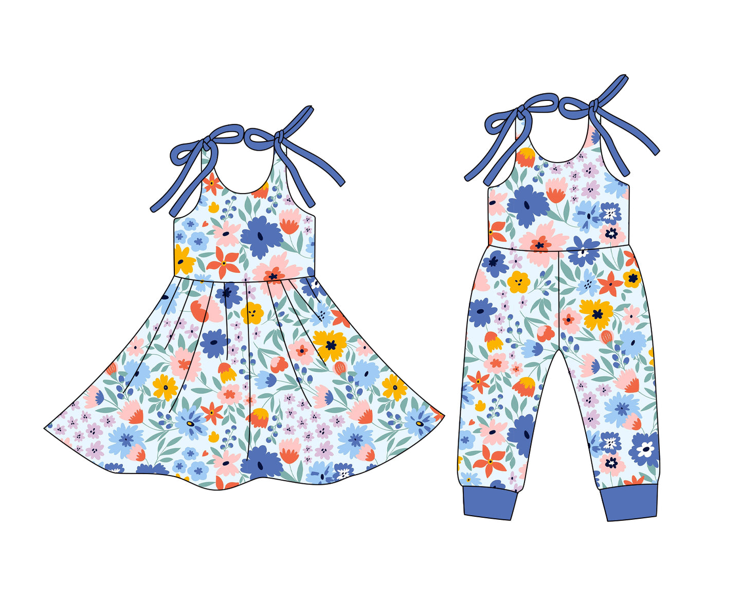 12.24 (Custom Design Preorder MOQ 5 Each Design) Colorful Flowers Blue Print Girls Summer Matching Clothes Sisters Wear