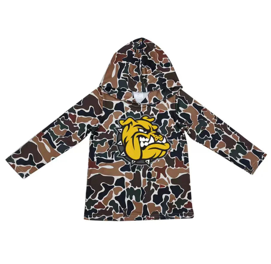 (Custom Design Preorder MOQ 5) Team Bulldogs Brown Camo Print Kids Long Sleeve Hoodie Top
