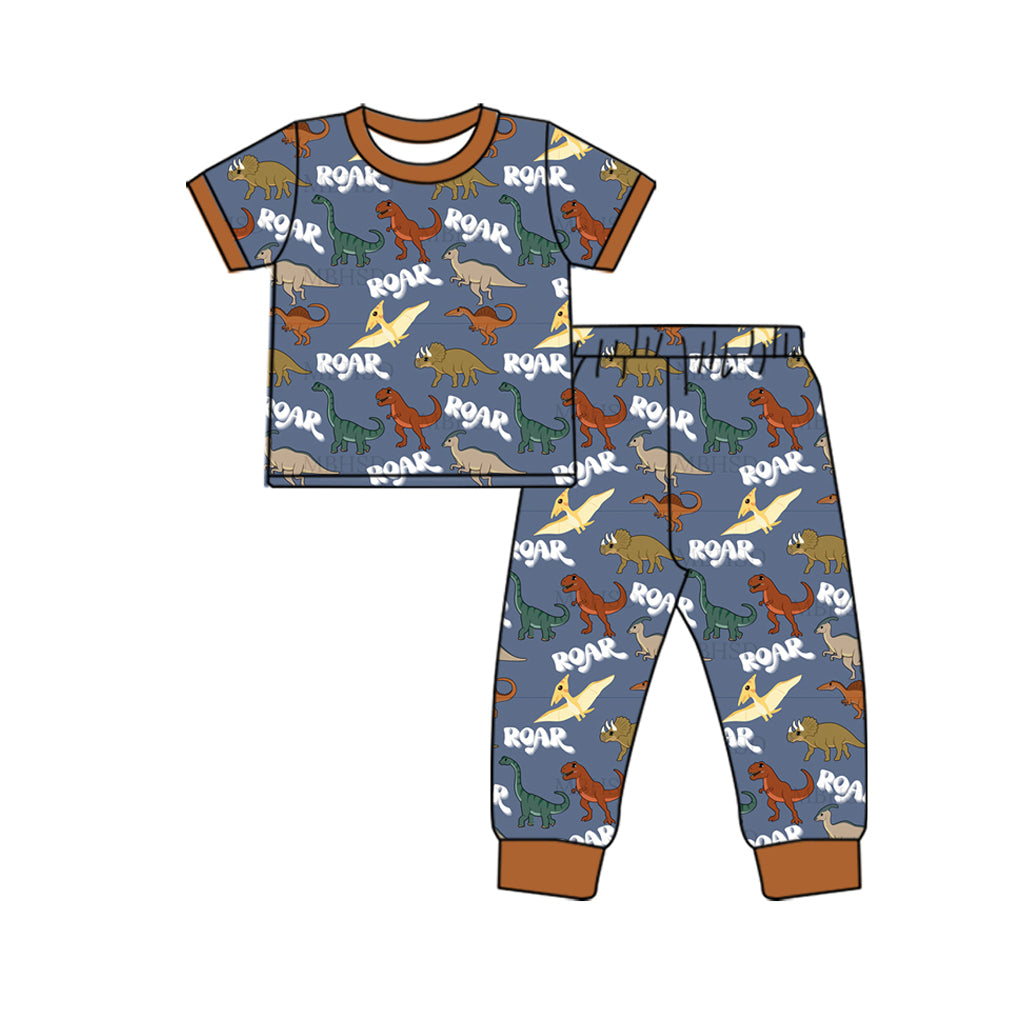 (Custom Design Preorder MOQ 20) Dino Brown Print Boys Pajamas Bamboo Clothes Set