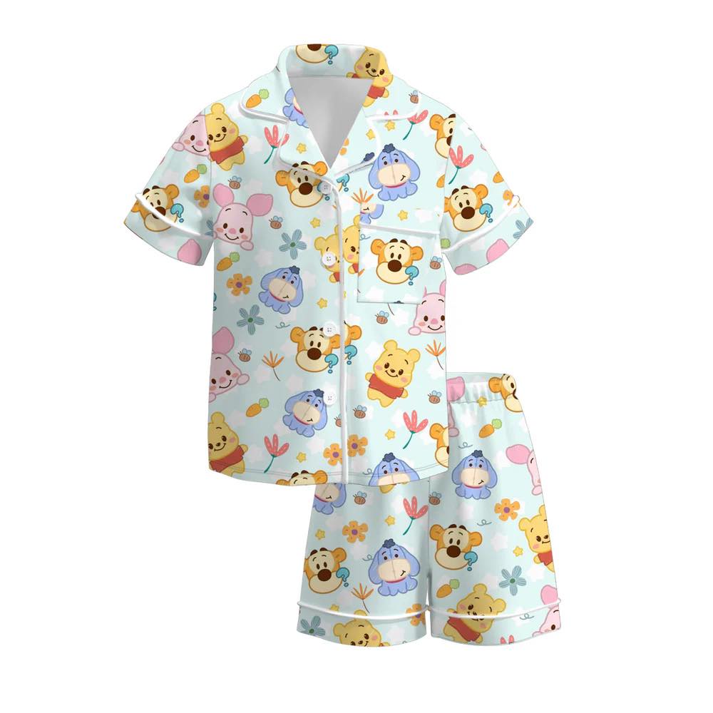 (Custom Design Preorder MOQ 5) Cartoon Bear Shorts Girls Summer Buttons Pajamas Clothes Set