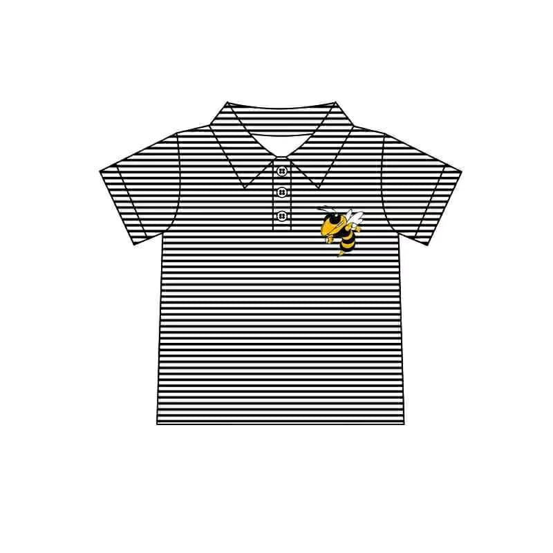 (Custom Design Preorder MOQ 5 Each Item)Team's Bee Black Stripes Print Polo Top Mom and Me Matching Clothes