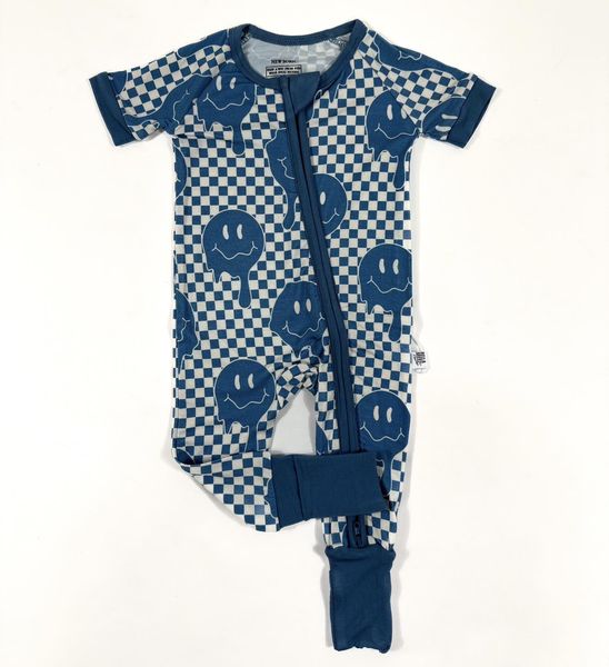 (Custom Design Preorder MOQ 20) Smiling Face Blue Plaid Print Baby Boys Bamboo Sleeper Zipper Romper
