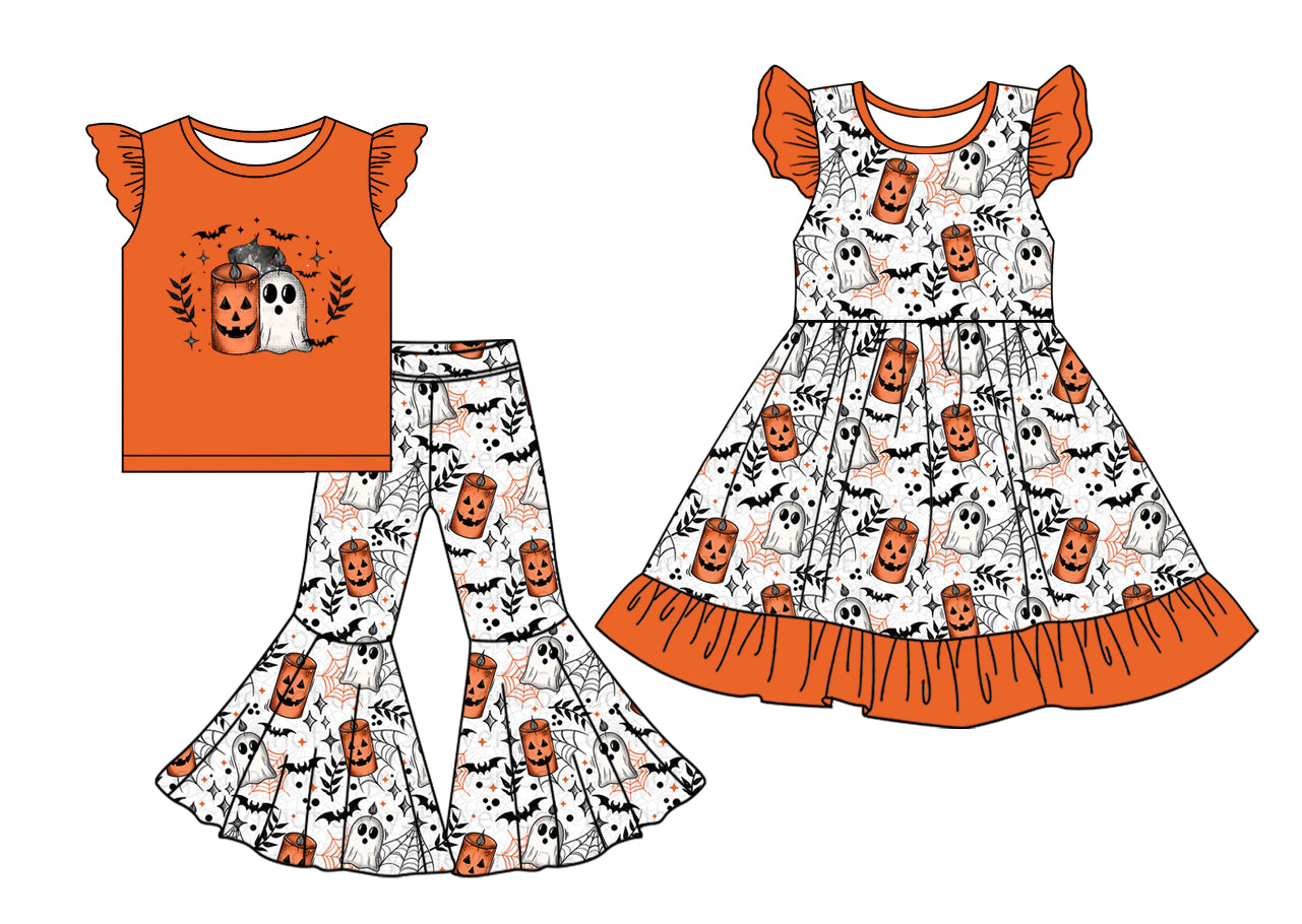 5.6(Custom Design Preorder MOQ 5 Each Design) Bat Ghost Print Girls Halloween Matching Clothes Sisters Wear
