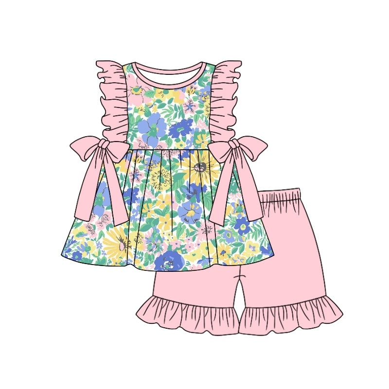 (Custom Design Preorder MOQ 5) Pink Flowers Top Ruffle Shorts Girls Summer Clothes Set